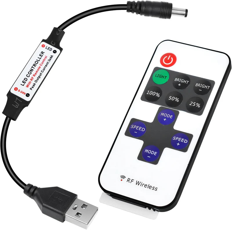 LightingWill LED Strip Controller DC5V-24V RF Remote Dimmer Black Wireless LED Controller for Single Color 5050 3528 LED Strips