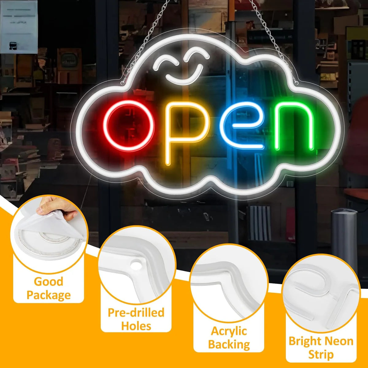 OPEN LED Sign – Fixed Rainbow Glow Neon Sign | Cloud Shape | 2 Sizes | Window Hanging | Plug & Play for Storefronts