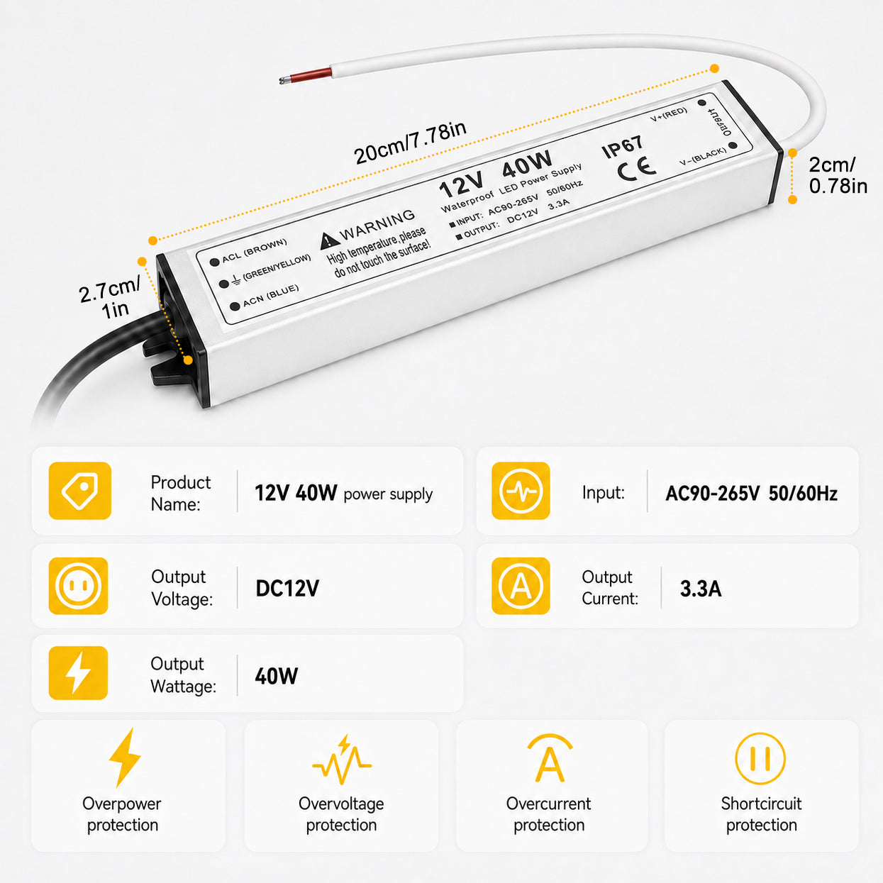 40W 12V/24V Waterproof LED Power Supply, 90-265V Input, Single Output, Aluminum Housing, Outdoor LED Lighting Driver, CE/RoHS/FCC Certified, US/UK/EU Plug