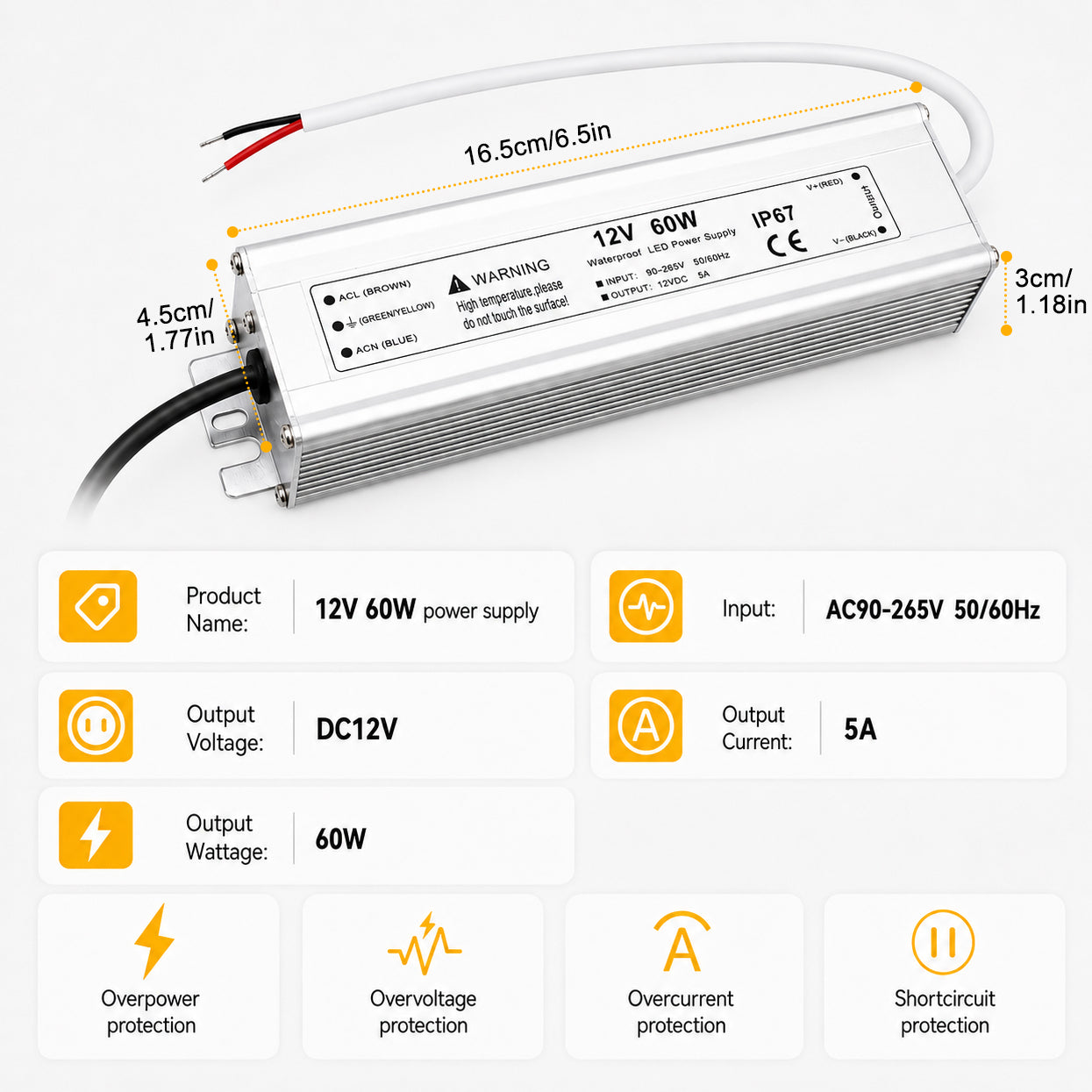 60W 12V/24V/36V/48V Waterproof LED Power Supply, 90-265V Input, Single Output, Aluminum Housing, Outdoor LED Lighting Driver, CE/RoHS/FCC Certified, US/UK/EU Plug