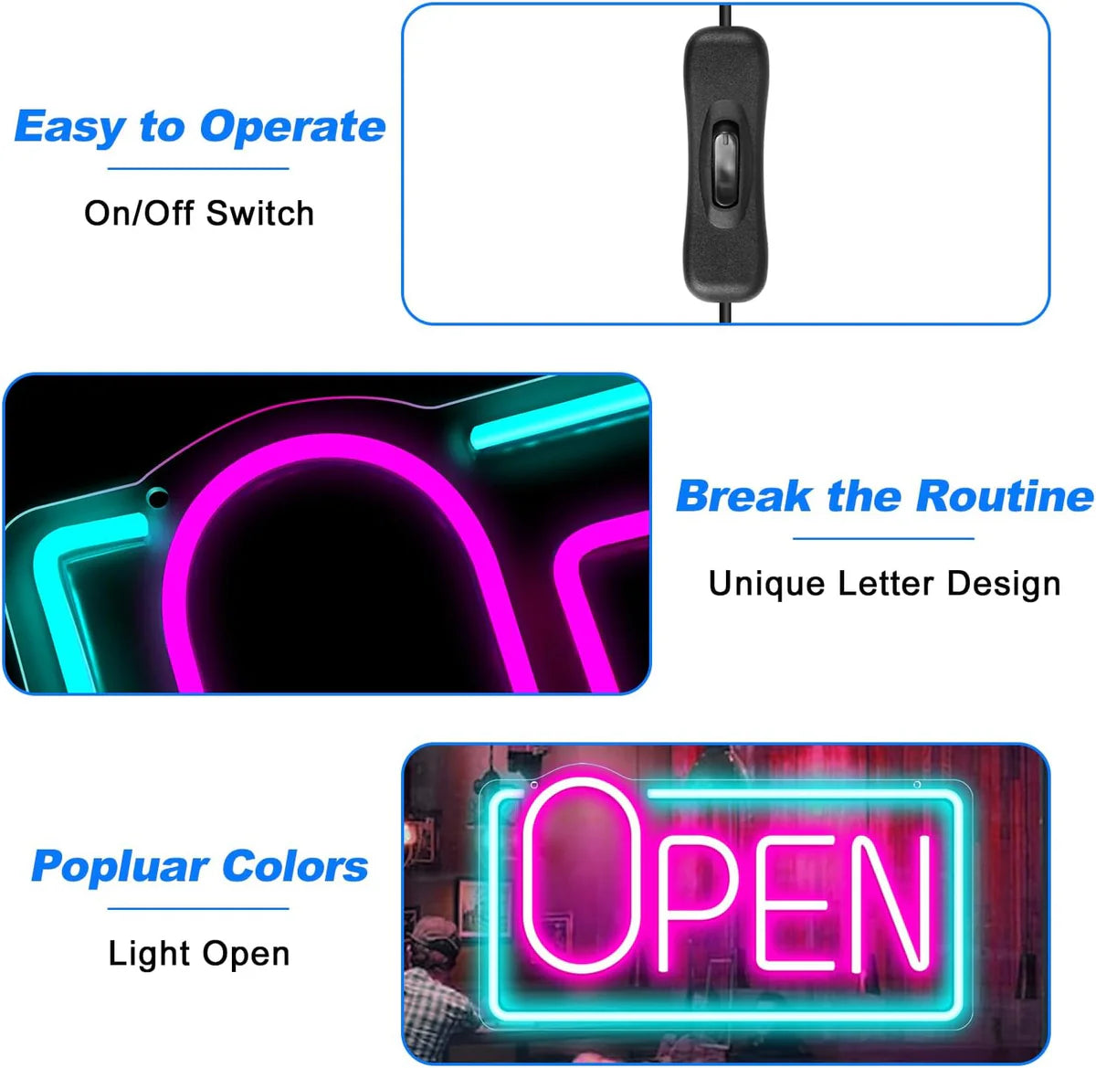 OPEN Neon Sign – 5 Glow Color Options | Big “O” Style | 17×9 inch (42×22 cm) | Window Hanging | Plug & Play for Storefronts