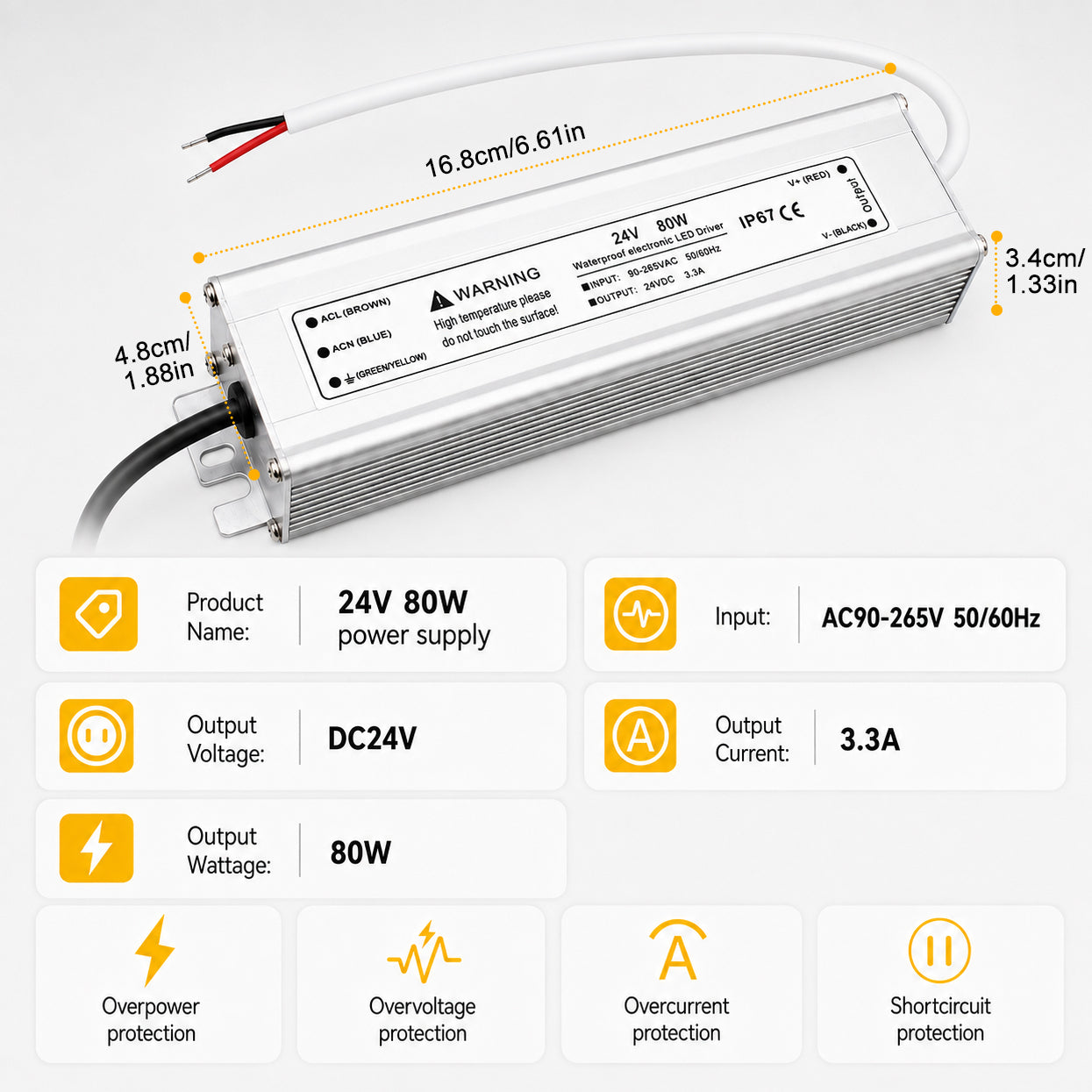 80W 12V/24V/36V/48V Waterproof LED Power Supply, 90-265V Input, Single Output, Aluminum Housing, Outdoor LED Lighting Driver, CE/RoHS/FCC Certified, US/UK/EU Plug