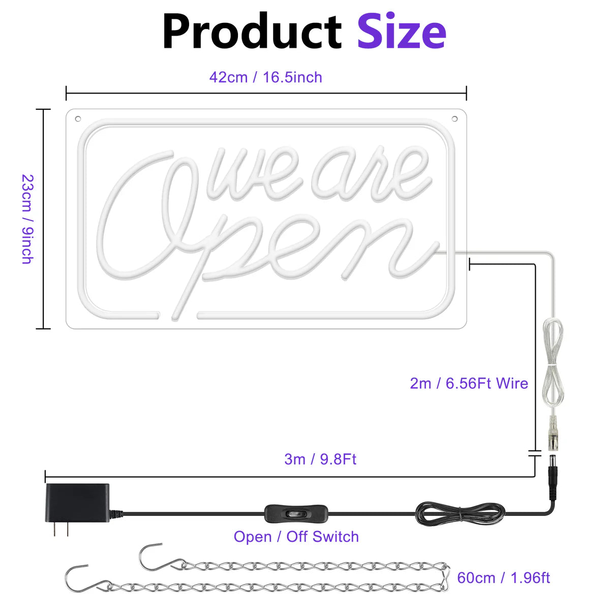 We Are Open Neon Sign – 5 Glow Color Options | 17×9 inch (42×23 cm) | Window Hanging | Plug & Play for Storefronts
