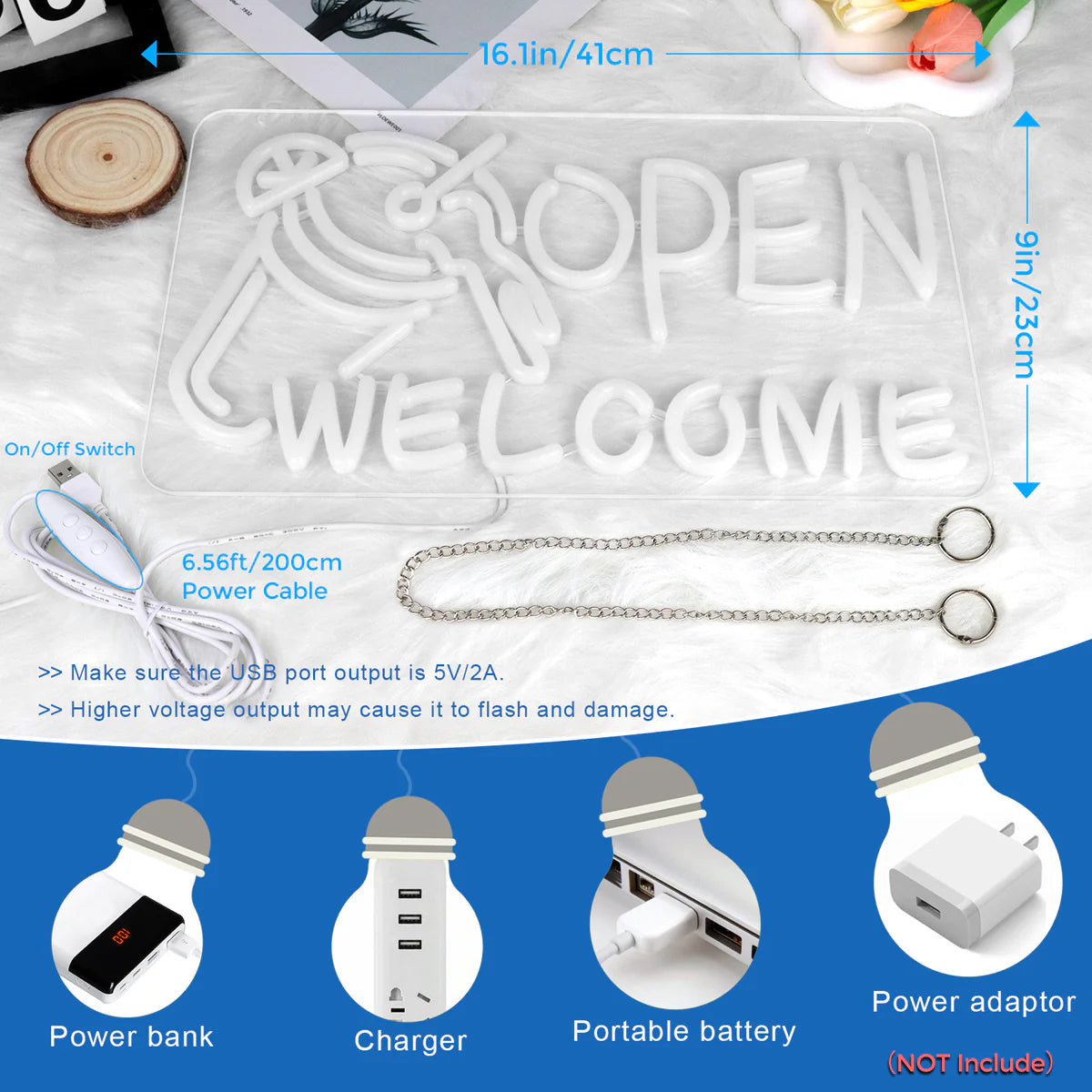 OPEN WELCOME Neon Sign – Multicolor Glow | USB Powered | 16×9 inch (41×23 cm) | LED Window Light with Cocktail Design for Bar, Café, Storefront