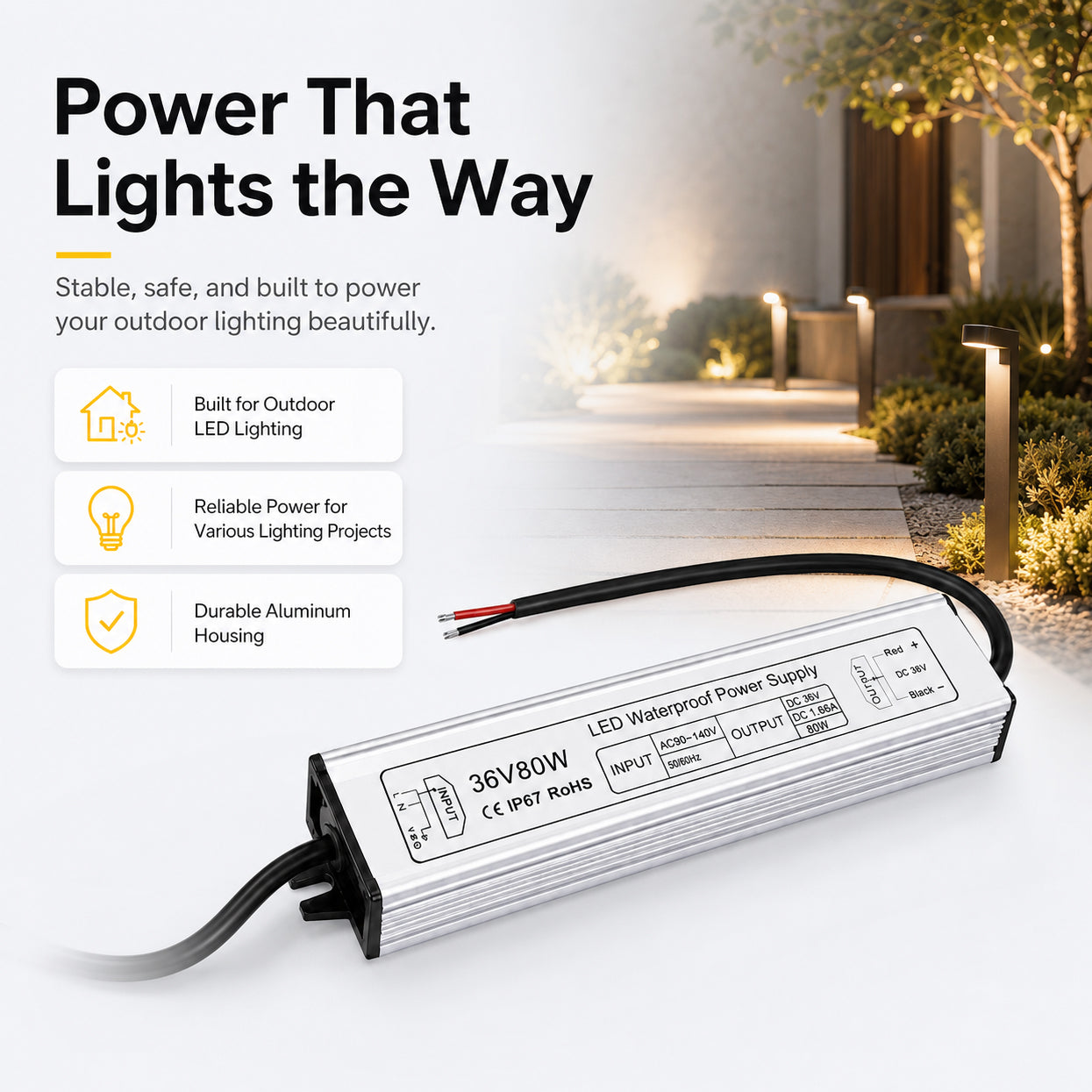 80W 12V/24V/36V/48V Waterproof LED Power Supply, 90-265V Input, Single Output, Aluminum Housing, Outdoor LED Lighting Driver, CE/RoHS/FCC Certified, US/UK/EU Plug