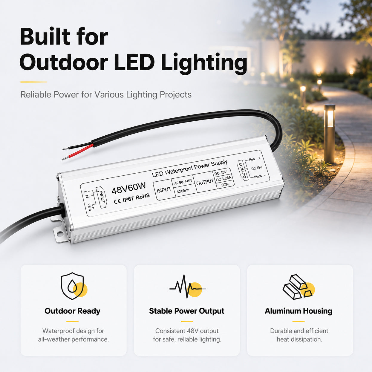 60W 12V/24V/36V/48V Waterproof LED Power Supply, 90-265V Input, Single Output, Aluminum Housing, Outdoor LED Lighting Driver, CE/RoHS/FCC Certified, US/UK/EU Plug
