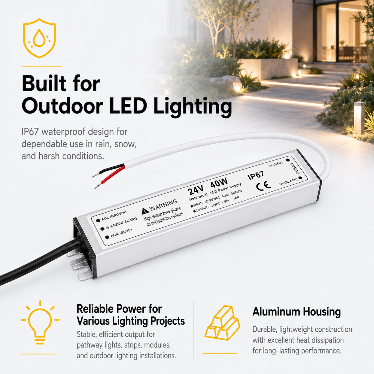 40W 12V/24V Waterproof LED Power Supply, 90-265V Input, Single Output, Aluminum Housing, Outdoor LED Lighting Driver, CE/RoHS/FCC Certified, US/UK/EU Plug