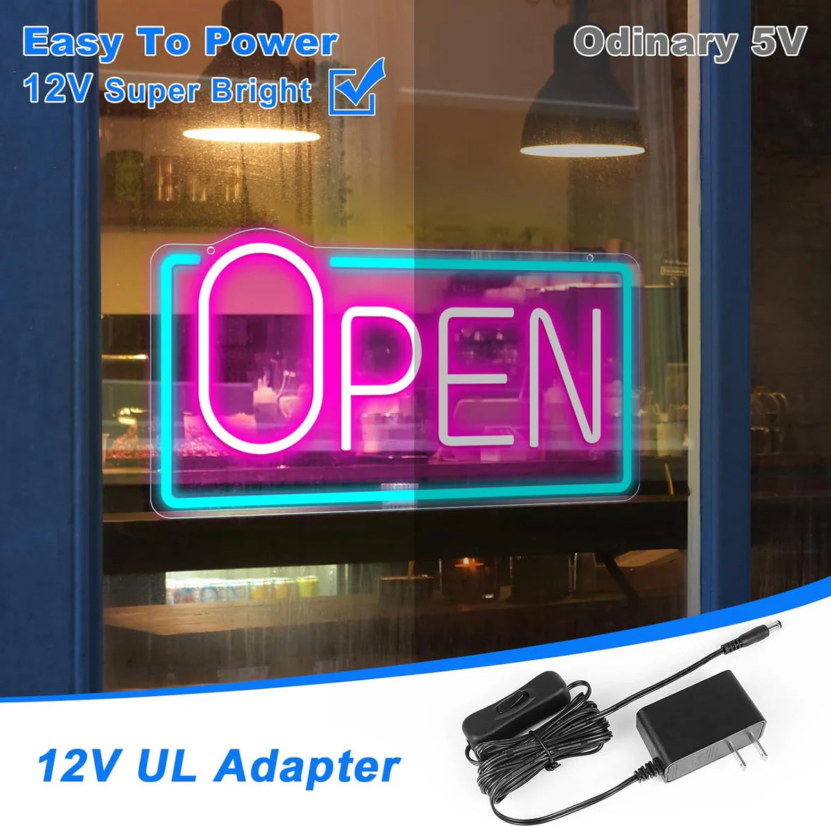 OPEN Neon Sign – 5 Glow Color Options | Big “O” Style | 17×9 inch (42×22 cm) | Window Hanging | Plug & Play for Storefronts