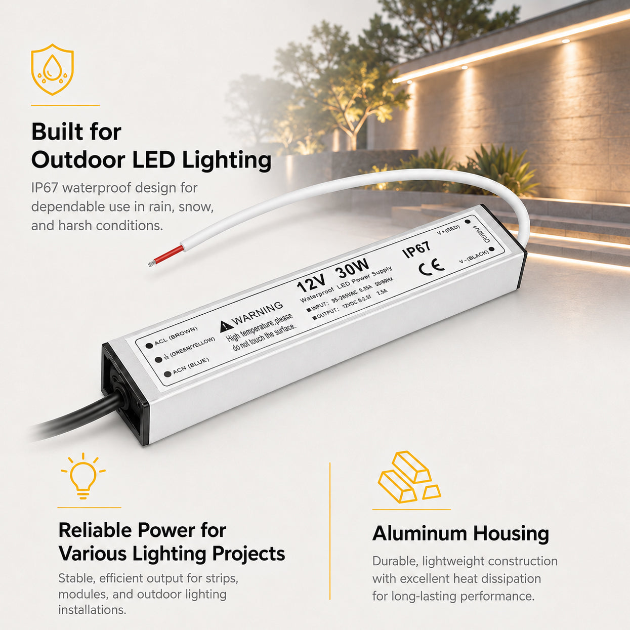 30W 12V/24V Waterproof LED Power Supply, 90-265V Input, Single Output, Aluminum Housing, Outdoor LED Lighting Driver, CE/RoHS/FCC Certified, US/UK/EU Plug