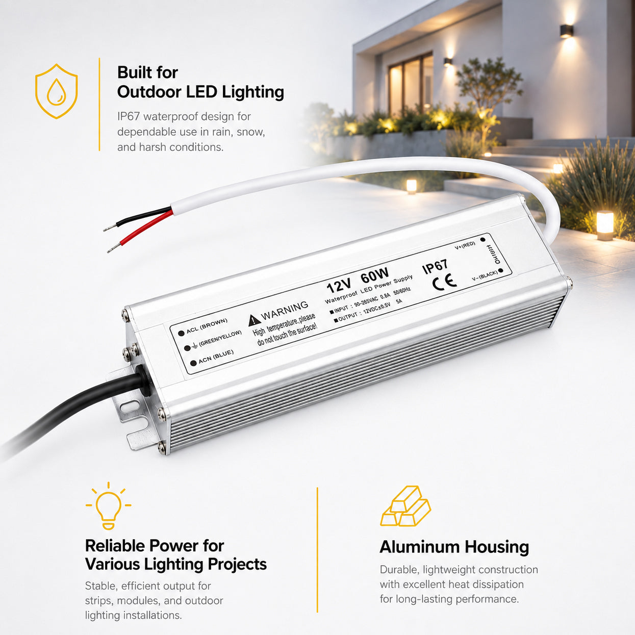 60W 12V/24V/36V/48V Waterproof LED Power Supply, 90-265V Input, Single Output, Aluminum Housing, Outdoor LED Lighting Driver, CE/RoHS/FCC Certified, US/UK/EU Plug