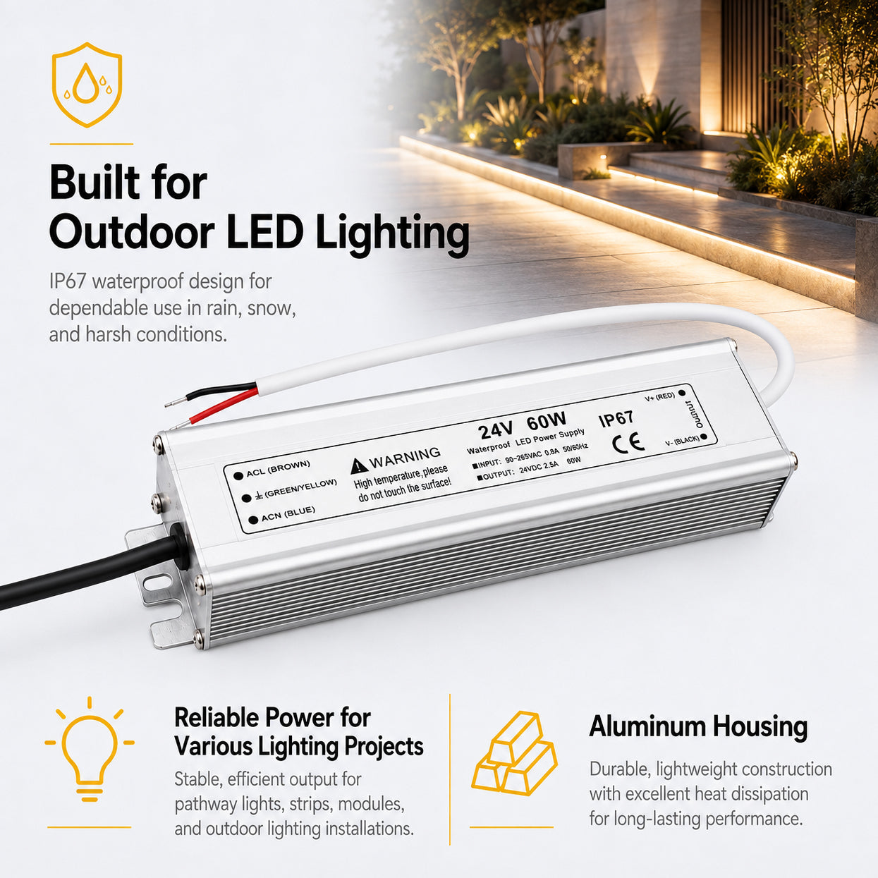 60W 12V/24V/36V/48V Waterproof LED Power Supply, 90-265V Input, Single Output, Aluminum Housing, Outdoor LED Lighting Driver, CE/RoHS/FCC Certified, US/UK/EU Plug