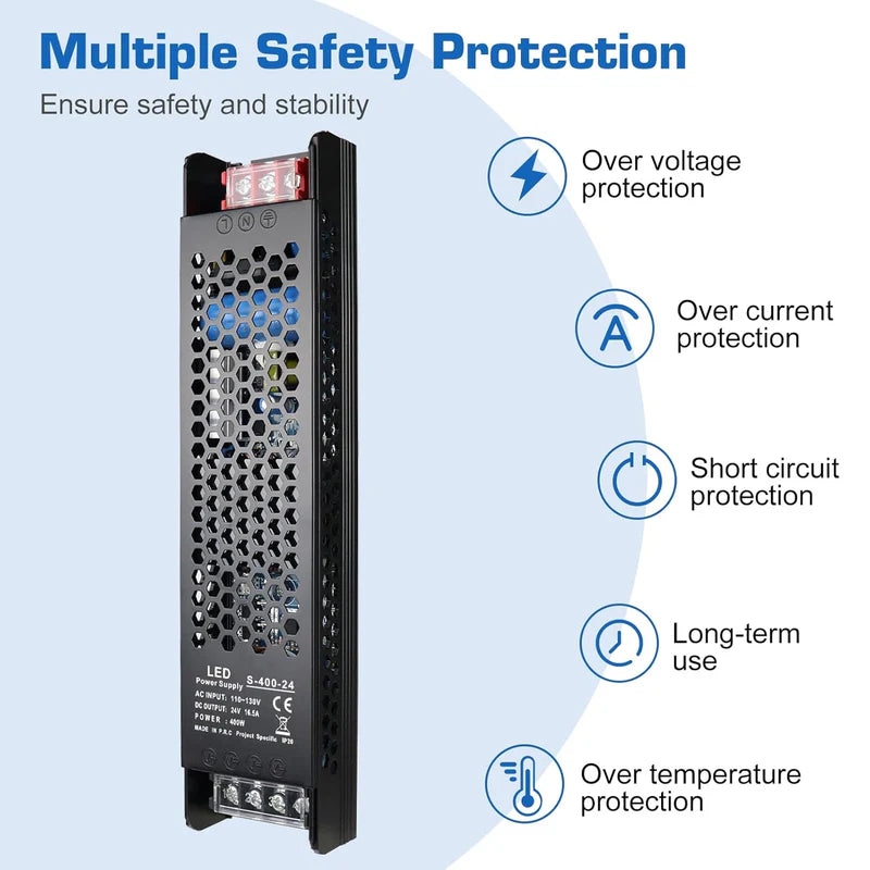 Slim Black DC 12V/24V 300W–400W Switching Power Supply, AC 110–130V/175–250V Input, LED Driver Transformer with Built-in Cooling Fan, CE/FCC/RoHS Certified