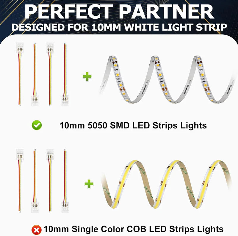 LightingWill LED Strip Connector 10mm 3Pin Transparent Solderless Clips, LED Light Strip Connector Strip to Wire Strip to Strip DC Adapter Connector for RGB IC Strip, Local Stock US UK