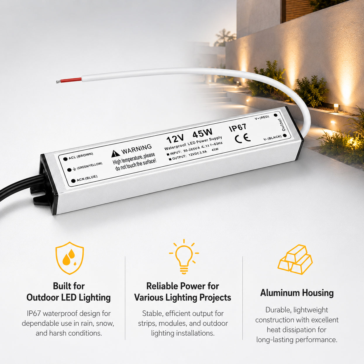 45W 12V Waterproof LED Power Supply, 90-265V Input, Single Output, Aluminum Housing, Outdoor LED Lighting Driver, CE/RoHS/FCC Certified, US/UK/EU Plug