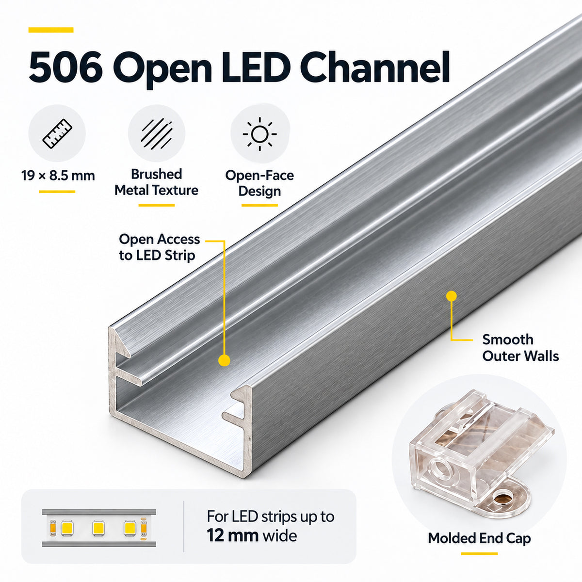 Silver 506-B 19 × 8.5mm LED Aluminum Channel, 12mm Inner Width, with Milky White Cover & Installation Accessories