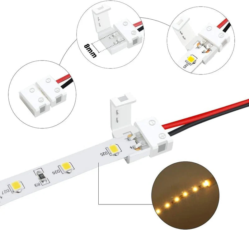 LightingWill 10mm 2Pin LED Strip Connector Transparent Solderless Clips, Crystal LED Light Strip Connector Strip to Wire Strip to Strip DC Adapter for 3528 2835 LED Strip, Local Stock US UK