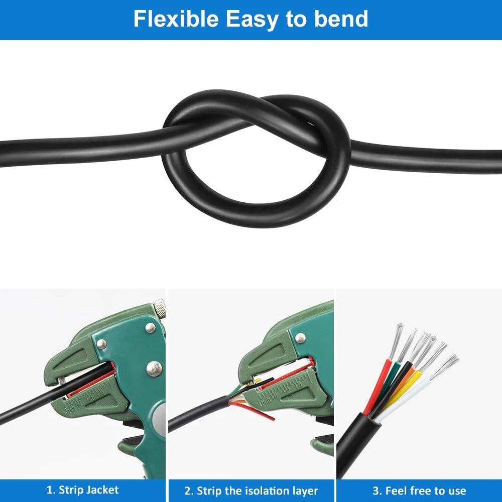 18 AWG 6/7/8 Conductor Black/White PVC Insulated Copper Cable – Multi-Core Control Cable Flexible Wire for LED & Electrical Systems – 5m (16.5ft)