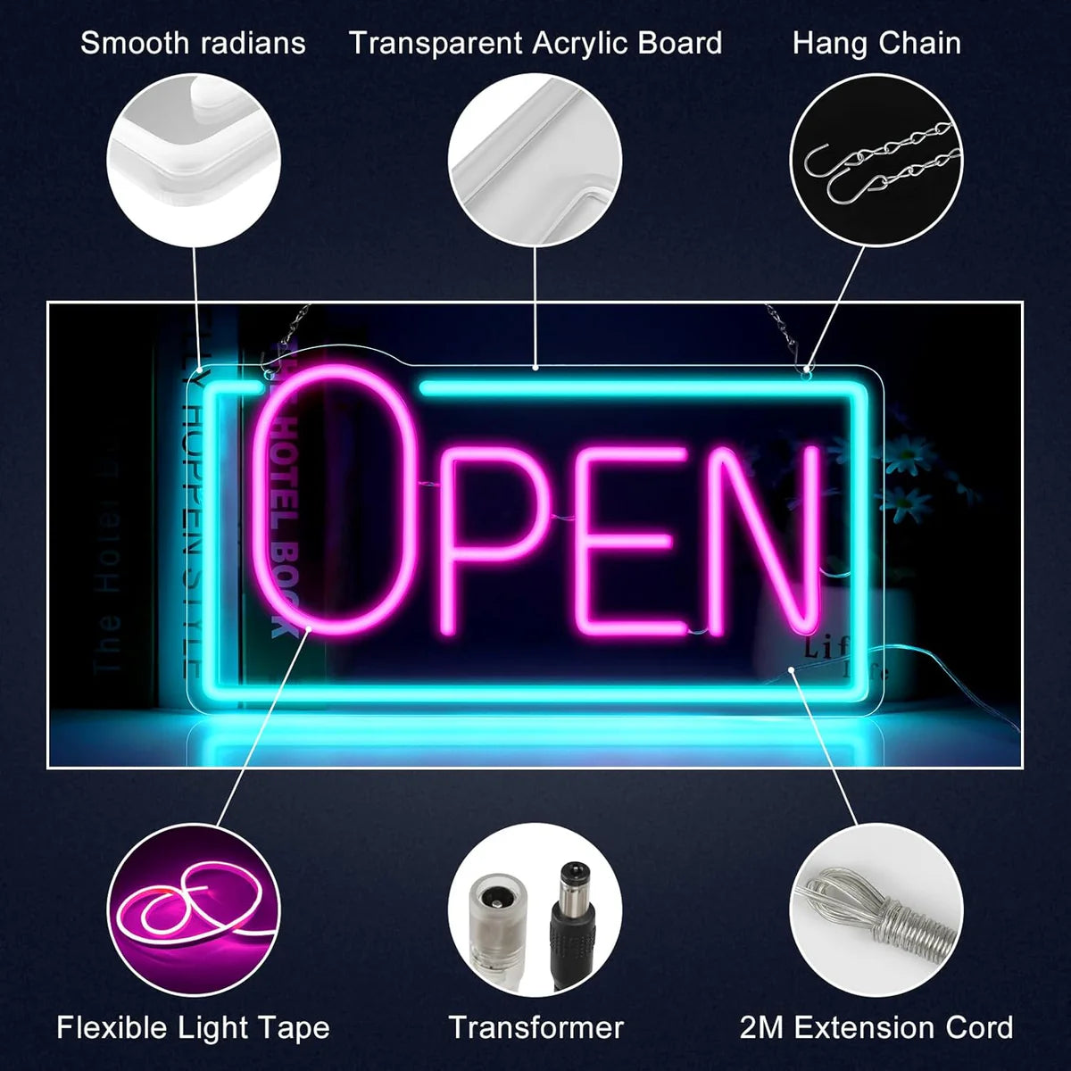 OPEN Neon Sign – 5 Glow Color Options | Big “O” Style | 17×9 inch (42×22 cm) | Window Hanging | Plug & Play for Storefronts