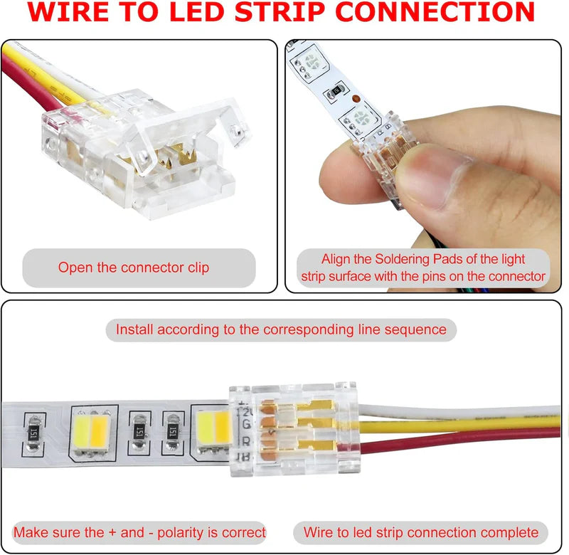 LightingWill LED Strip Connector 10mm 3Pin Transparent Solderless Clips, LED Light Strip Connector Strip to Wire Strip to Strip DC Adapter Connector for RGB IC Strip, Local Stock US UK