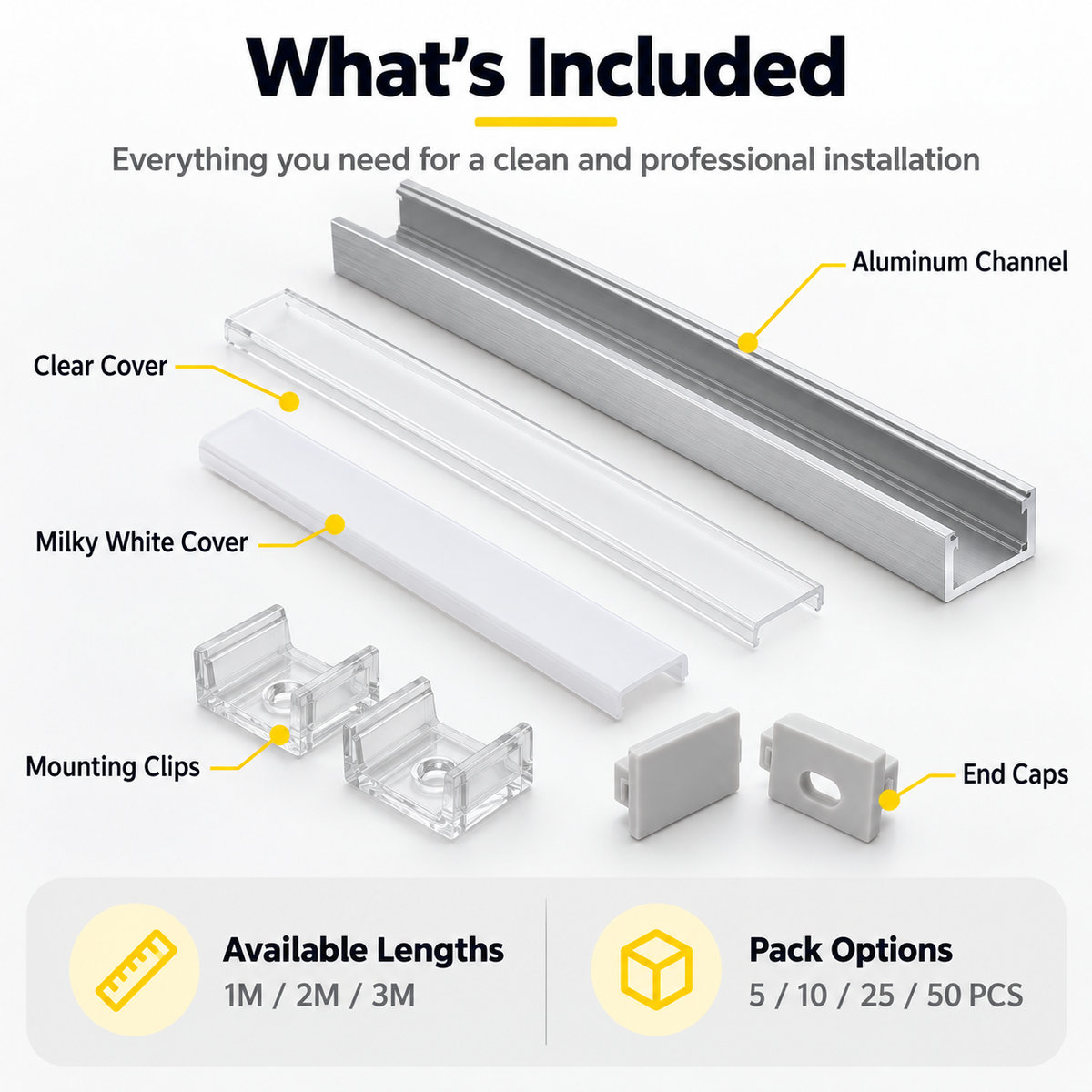 Silbernes U01 9 x 23 mm U-förmiges Innenprofil, Breite 12 mm, LED-Aluminium-Kanalsystem mit Abdeckung, Endkappen und Befestigungsclips für die Installation von LED-Lichtstreifen