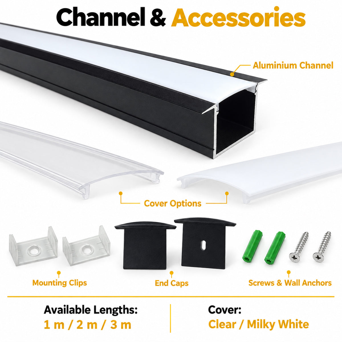 Schwarzes U05 36 x 24 mm U-förmiges Innenmaß 20 mm LED-Aluminium-Kanalsystem mit Abdeckung, Endkappen und Befestigungsklammern Aluminiumprofil für LED-Lichtstreifen ohne Fleckeninstallationen
