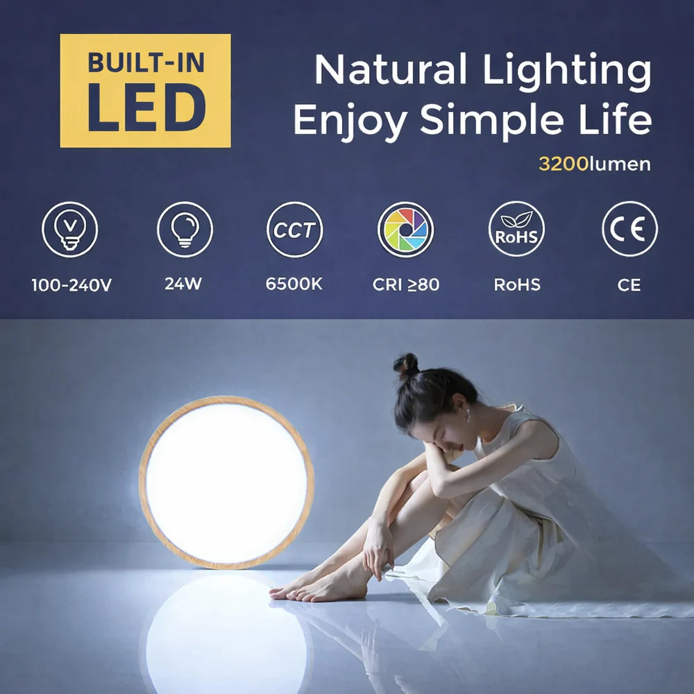 12 Inch 24W Wood Grain Round Ceiling Light – AC 220–240V | 3000K / 4500K / 5000K / 6500K | Flush Mount Ceiling Light for Warm Natural Lighting | 1-Pack – Local Stock (UK/DE)