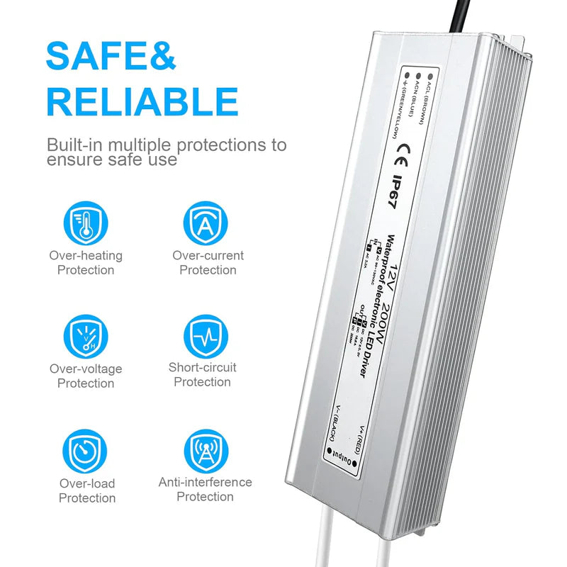 12V Waterproof LED Transformer, 200W–500W Outdoor LED Driver, 90–140V AC Input, Single or Dual Wire Output, CE/RoHS/FCC Certified, US Plug & Wire Lead Options