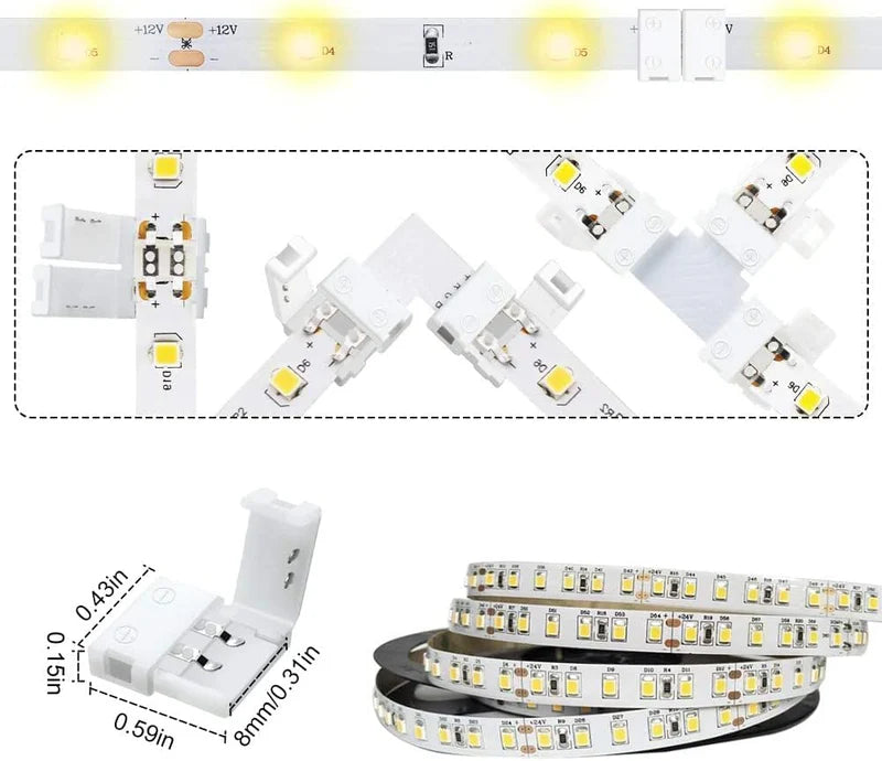 LightingWill 10mm 2Pin LED Strip Connector Transparent Solderless Clips, Crystal LED Light Strip Connector Strip to Wire Strip to Strip DC Adapter for 3528 2835 LED Strip, Local Stock US UK