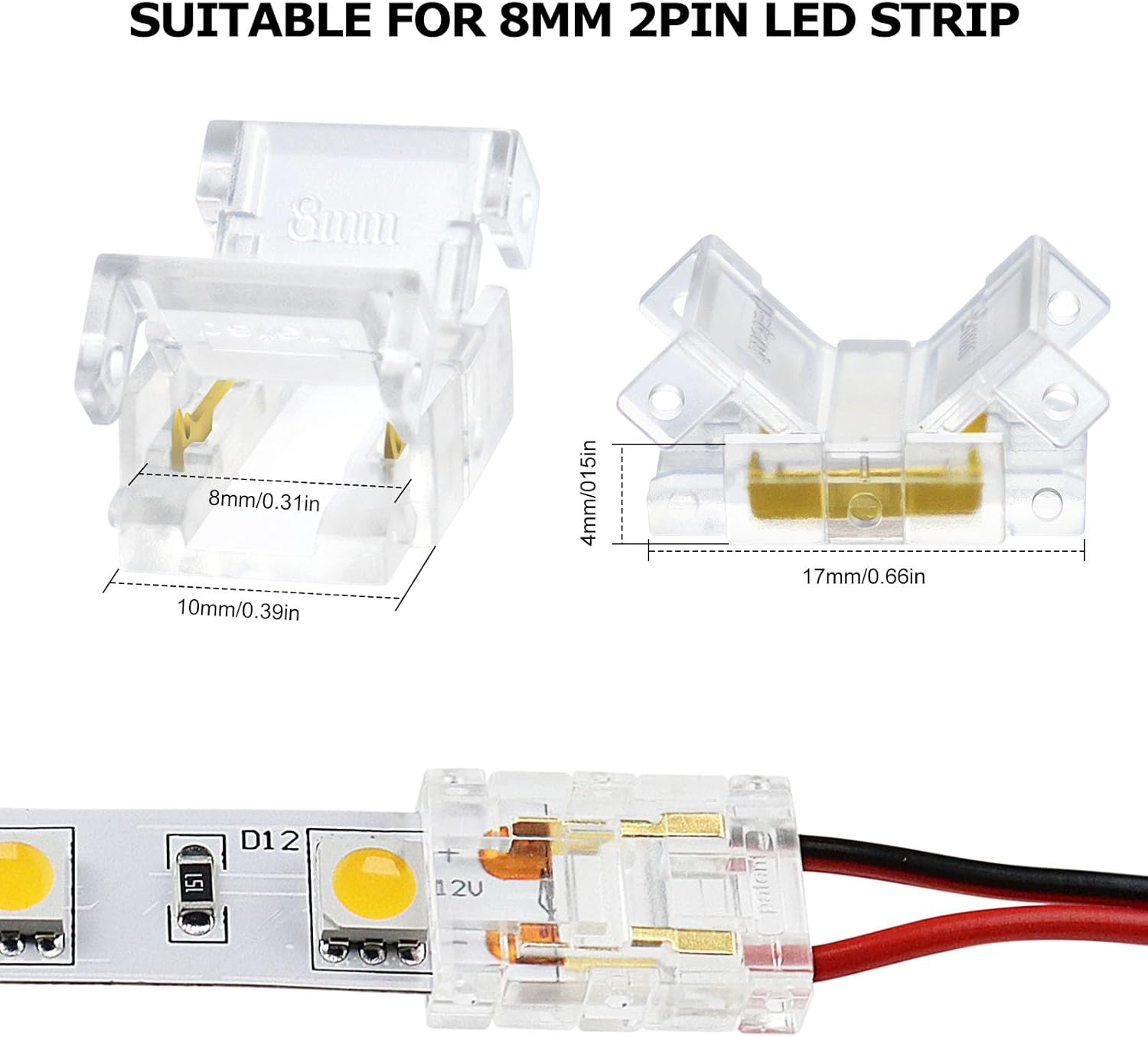 LightingWill LED Connectors 2Pin 8mm, 10 PCS Strip to Wire Connector Transparent Solderless, LED Tape Light Connector 2 Conductor No Dark Area for COB/SMD 2835 3528 Single Color LED Strips