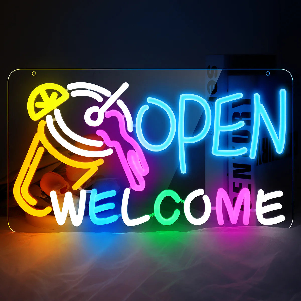 OPEN WELCOME Neon Sign – Multicolor Glow | USB Powered | 16×9 inch (41×23 cm) | LED Window Light with Cocktail Design for Bar, Café, Storefront