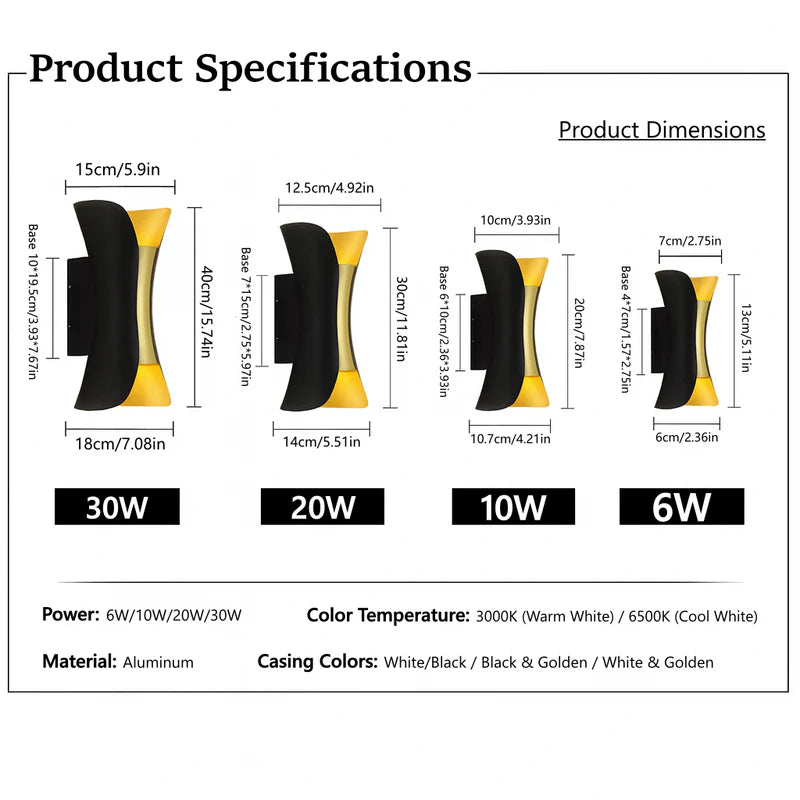 LightingWill LED Wall Light 6W 10W 20W 30W Outdoor Waterproof Wall Sconce 3000K 6500K Black White Gold Up Down Wall Light IP65 Aluminum Porch Garden Balcony Indoor 2 Pack