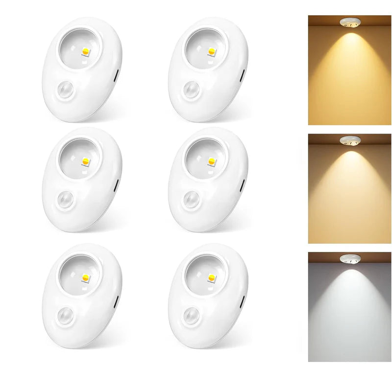 LightingWill Rechargeable Pebble LED Closet Light 4/6 Pack 1 LED, 3 Color Modes 3000K / 4000K / 6000K Motion Sensor Dimmable Cabinet Light, Tap Switch, White Finish, Magnetic Mounting