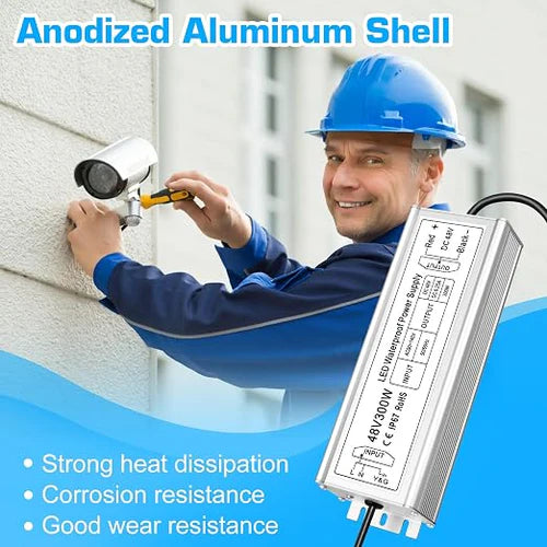 300W 36V/48V Waterproof LED Power Supply, 90-140V Input, Single Output, Aluminum Housing, Outdoor LED Lighting Driver, CE/RoHS/FCC Certified, US Plug