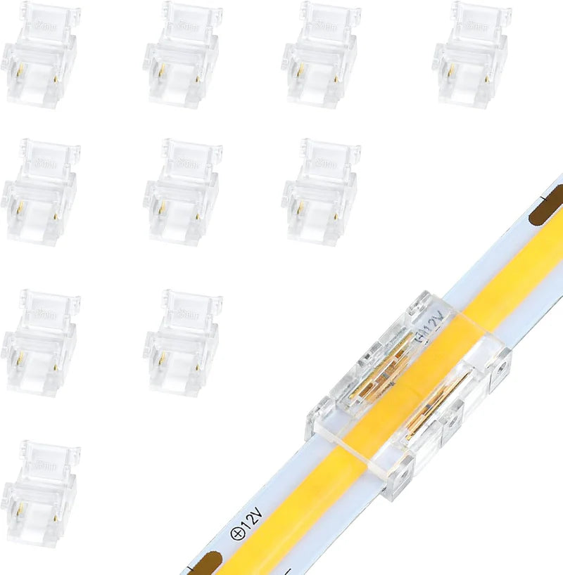 LightingWill LED Strip Connector 8mm 2Pin Transparent Solderless Clips, LED Light Strip Connector Crystal Strip to Wire Strip to Strip DC Adapter L Connector, Local Stock US UK