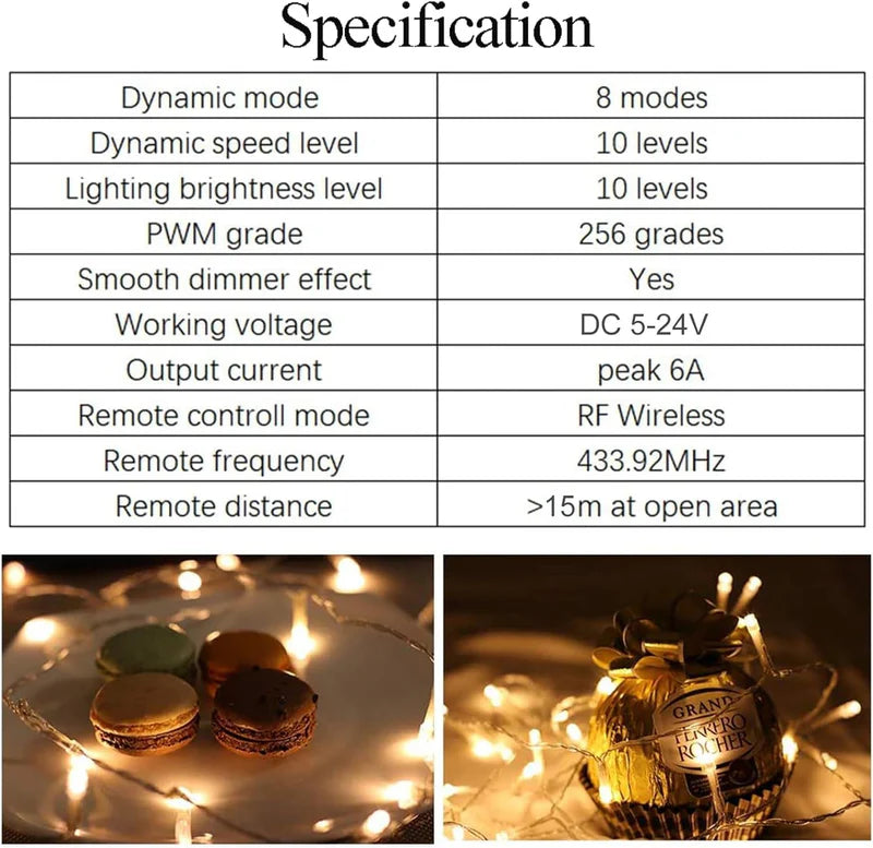 LightingWill LED Strip Controller DC5V-24V RF Remote Dimmer Black Wireless LED Controller for Single Color 5050 3528 LED Strips