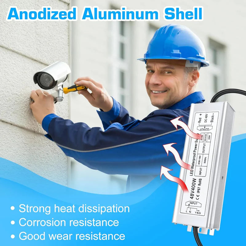 48V IP67 Waterproof LED Power Supply – 100W–400W Constant Voltage Transformer, 175–265V AC Input, Single Output SMPS, CE/RoHS/FCC Certified, UK/EU Plug & Wire Lead Options