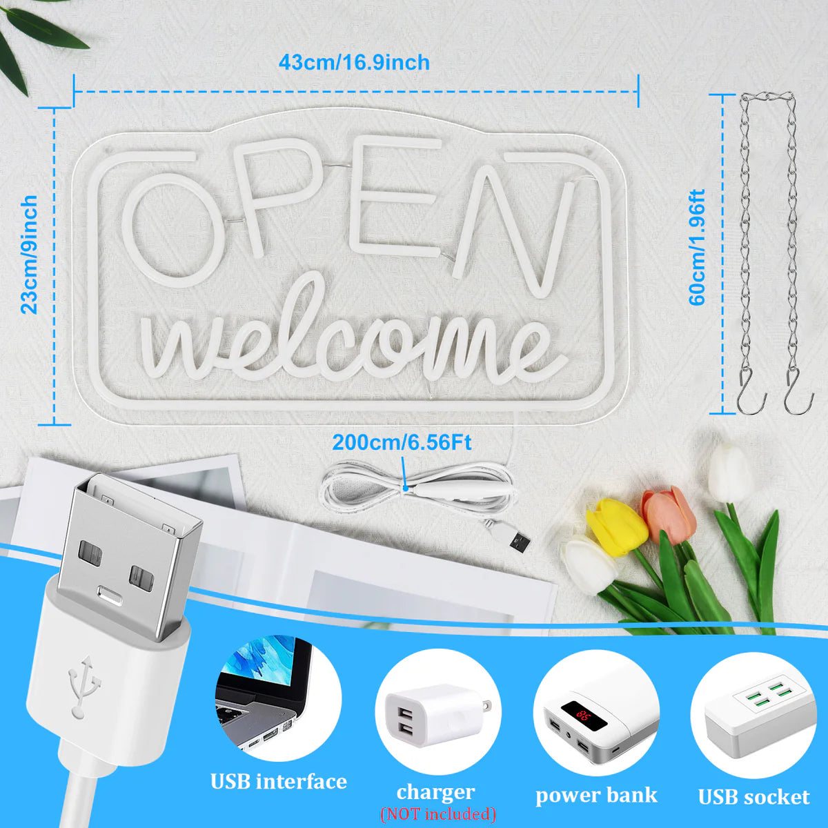 OPEN Welcome Neon Sign – 2 Color Options | USB Powered | 17×10 inch (43×25 cm) | LED Light for Storefront Window