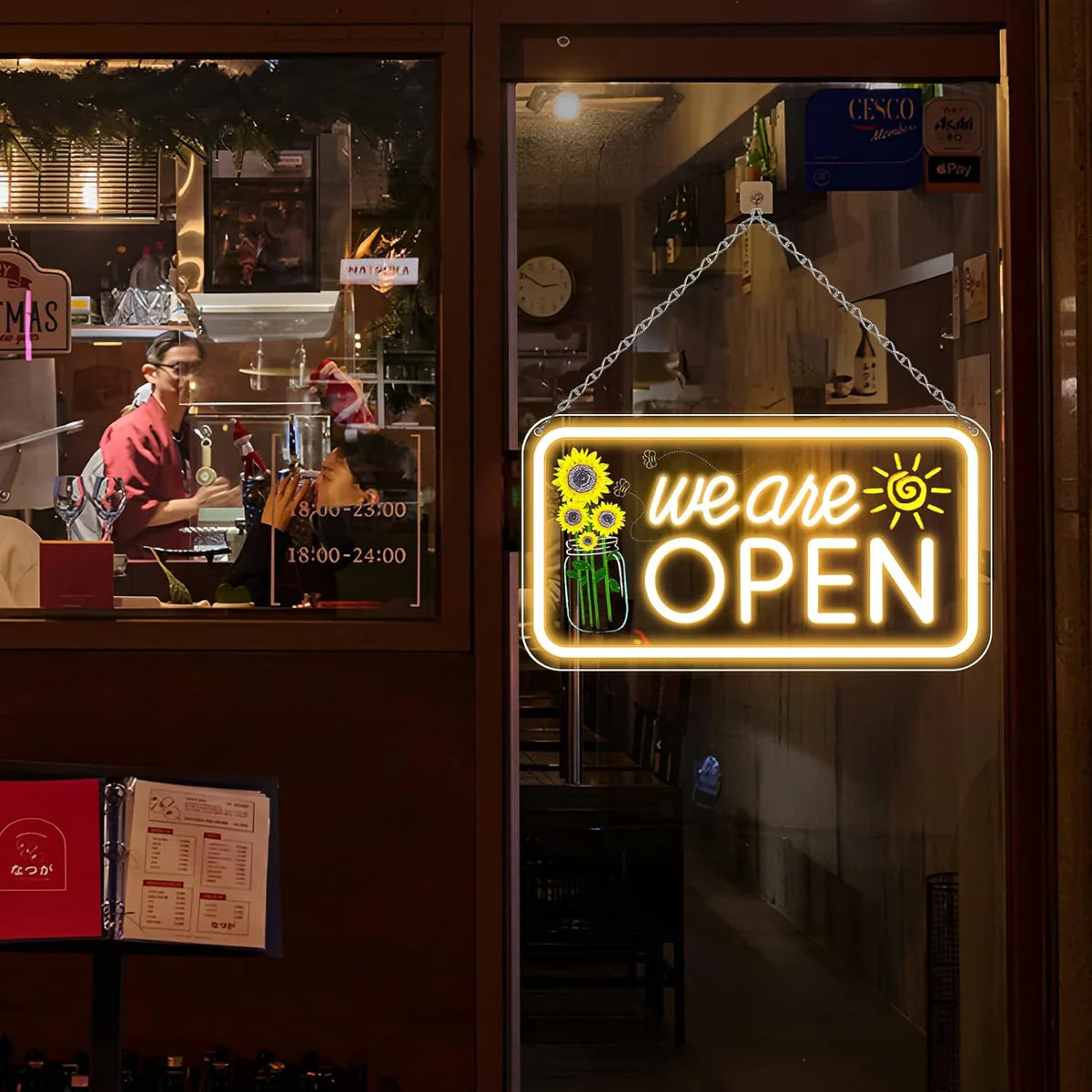 We Are Open Vertical Neon Sign – 17×9 / 23×12 inch | Warm White & White Glow | Window Hanging | Plug & Play for Storefronts