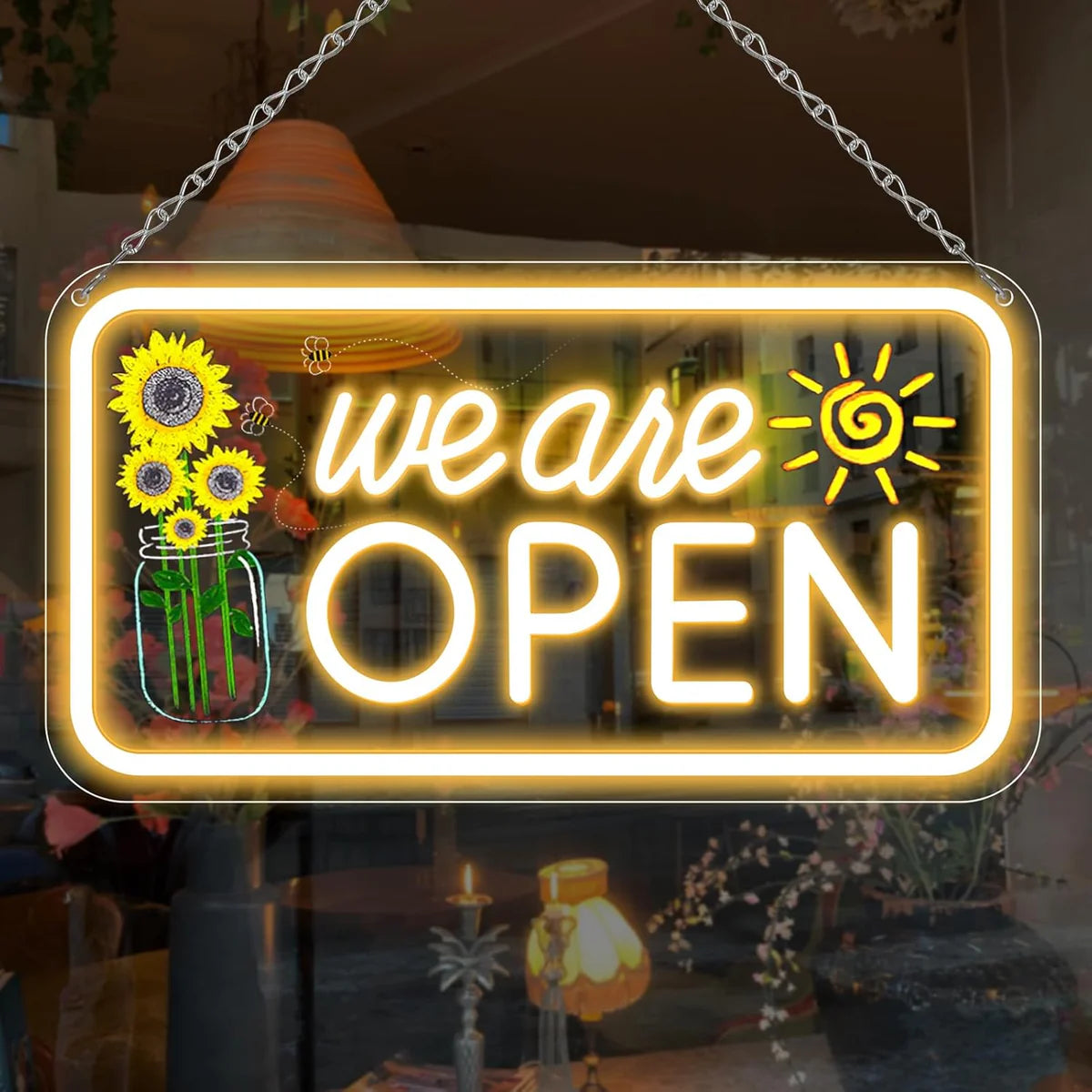 We Are Open Vertical Neon Sign – 17×9 / 23×12 inch | Warm White & White Glow | Window Hanging | Plug & Play for Storefronts