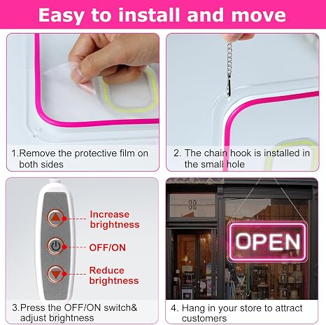 OPEN COB LED shop signs – Pink + White Glow | 22.8 × 11.8 inch (58 × 30 cm) | Horizontal / Vertical Style | 12V Powered Dimmable Window Hanging Light with US Plug for Cafes, Restaurants & Retail Shops