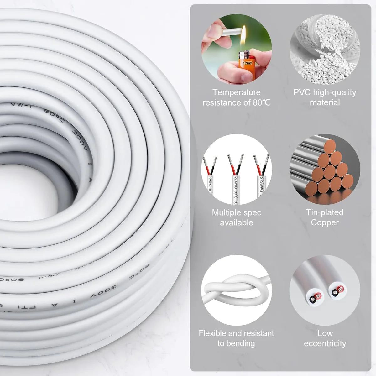 22 AWG 2/3/4/5 Conductor Black/White PVC Insulated Copper Cable – Multi-Core Flexible Wire for LED Installation – 5m (16.5ft)