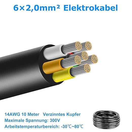 5/10/20/30 Metres 14/22 AWG, 3 x 2.0/4 x 2.0/6 x 0.3/6 x 2.0 mm² Electric Cable, 6 Core Cable, 5V/12V/24V/300V Power Cable, Tinned Copper Cable, Flexible and Soft, Low Impedance, High Temperature Resistance, Extension Cable