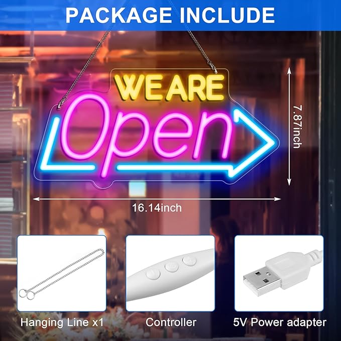 16.1"X 7.8" LED Neon WE ARE Open Sign, Dimmable Open Signs for Business, Bright Blue&Pink&Yellow Neon Open Sign Powered by USB, LED Sign for Coffee Shop Bar Salon Restaurant Pubs
