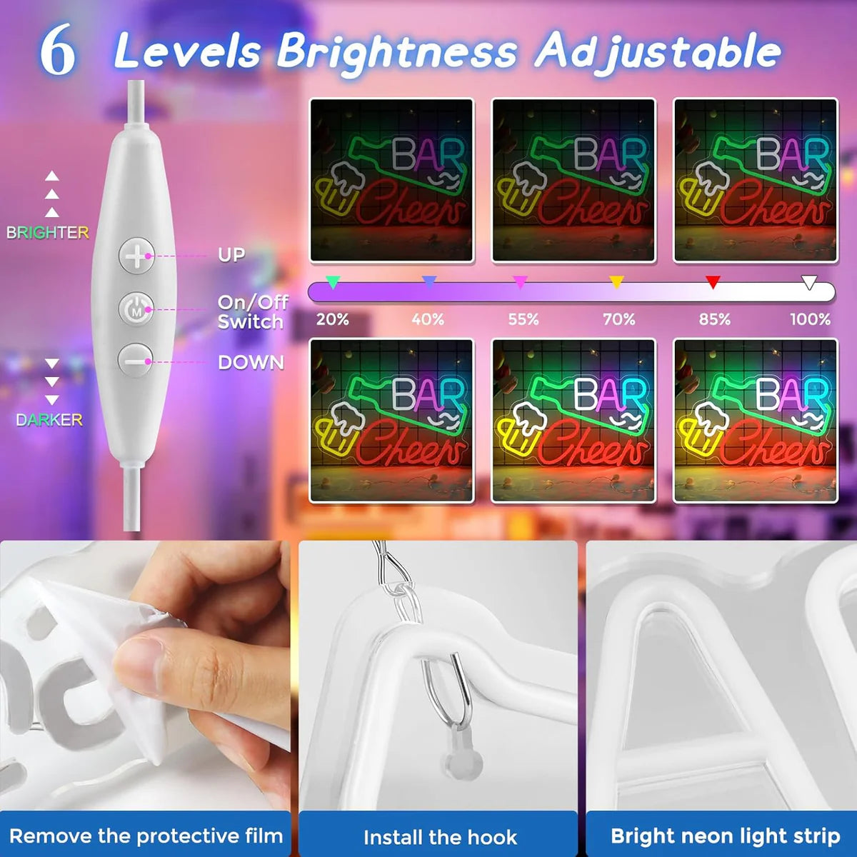 Bar Cheers LED Sign – Multi-Color Glow | 16.1× 9.8 inch | USB Powered | Hanging | Ideal for Bar, Pub, Lounge, Nightclub, Party Mood Lighting