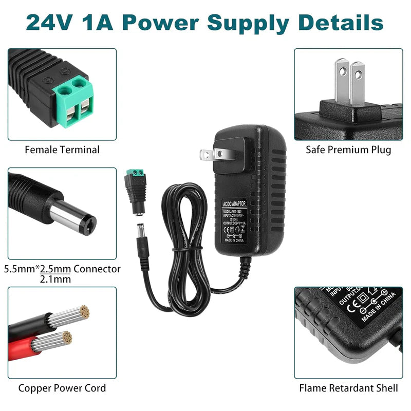 Power Adapter DC 24V 24W, AC 100–240V to 24V Wall Plug Switching Power Supply with US Plug, Black Case for LED Lighting and Electronics