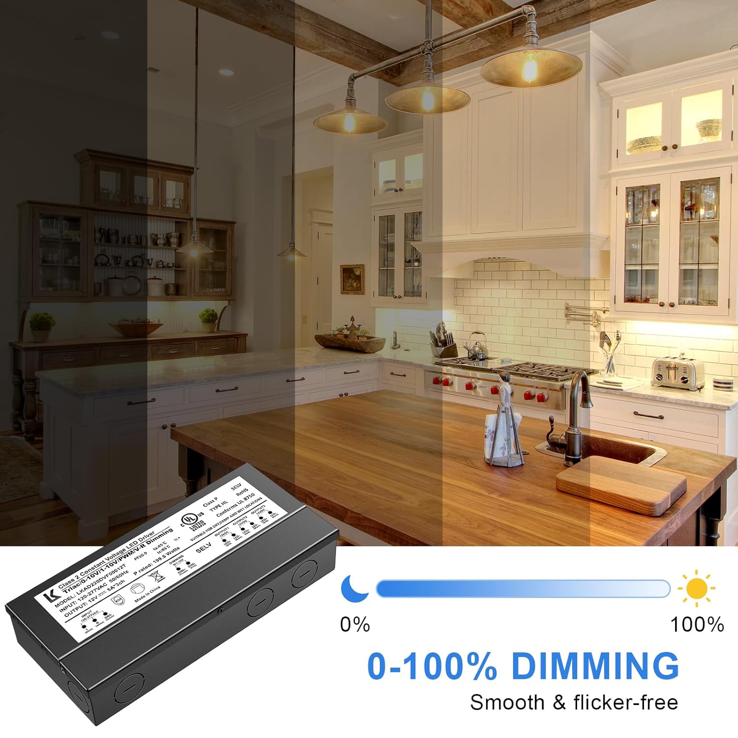 12V DC 5-in-1 Dimmable LED Power Supply – 60W / 100W / 200W UL Listed Waterproof LED Driver, AC 120–277V Input, Compatible with Triac / ELV / 0-10V / PWM / Resistive Dimming