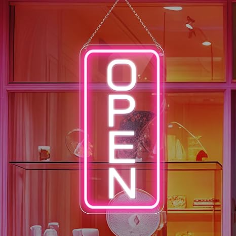 OPEN COB LED shop signs – Pink + White Glow | 22.8 × 11.8 inch (58 × 30 cm) | Horizontal / Vertical Style | 12V Powered Dimmable Window Hanging Light with US Plug for Cafes, Restaurants & Retail Shops