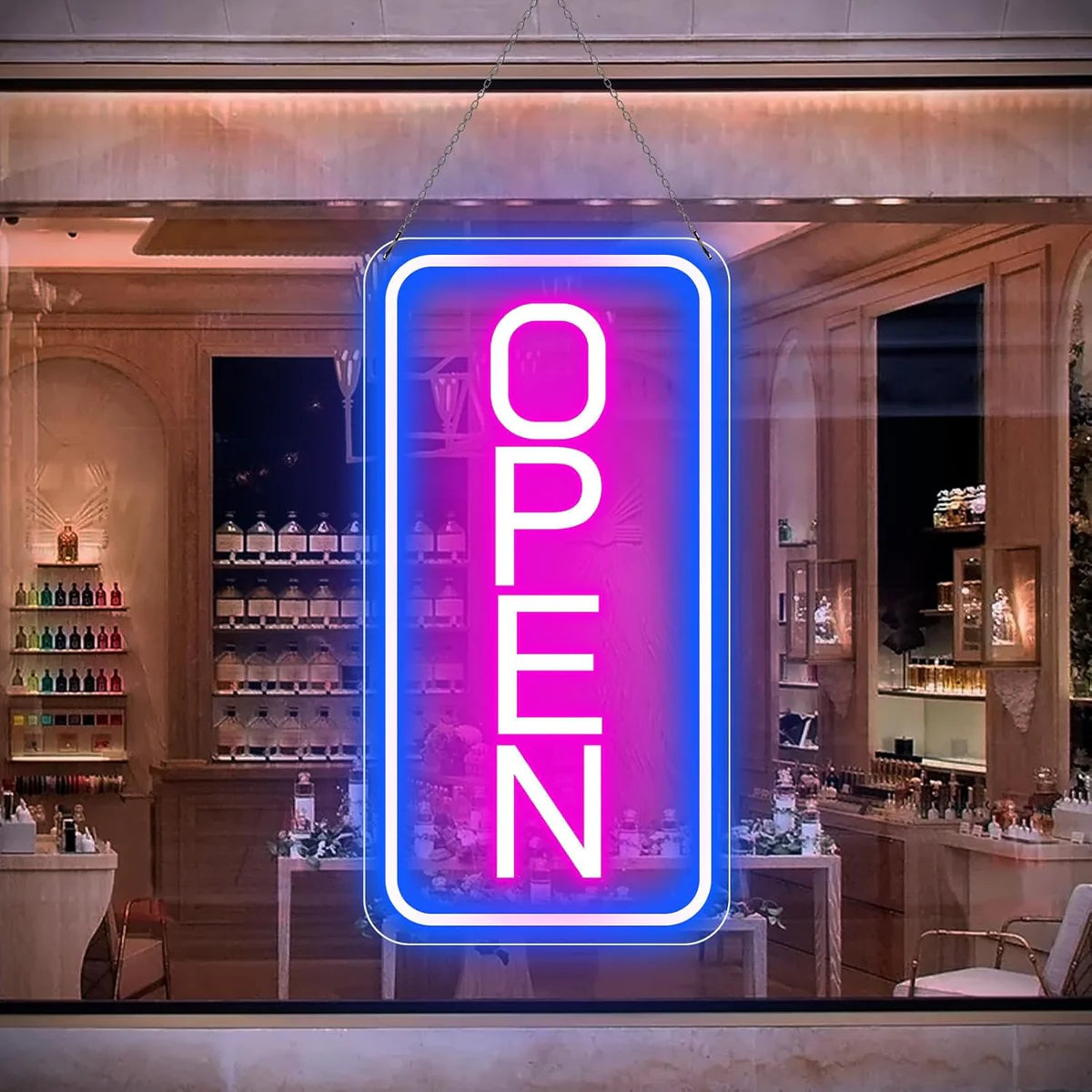 OPEN Neon LED Sign – 5 Glow Color Options | Vertical Rectangular | 16×9 / 23×12 inch | Window Hanging | Plug & Play for Storefronts