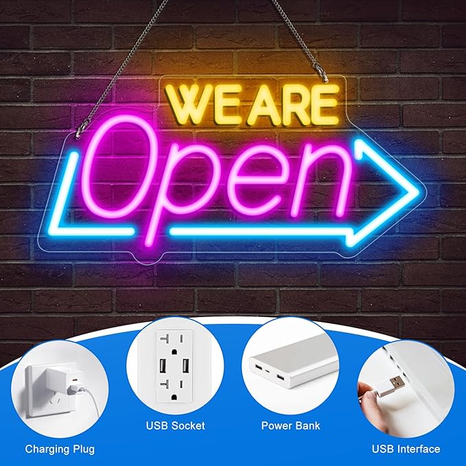 16.1"X 7.8" LED Neon WE ARE Open Sign, Dimmable Open Signs for Business, Bright Blue&Pink&Yellow Neon Open Sign Powered by USB, LED Sign for Coffee Shop Bar Salon Restaurant Pubs