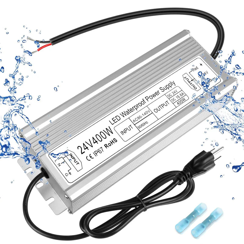 24V Waterproof LED Transformer – 200W–500W Outdoor LED Driver, 90–140V AC Input, Single or Dual Wire Output, CE/RoHS/FCC Certified, US Plug & Wire Lead Options